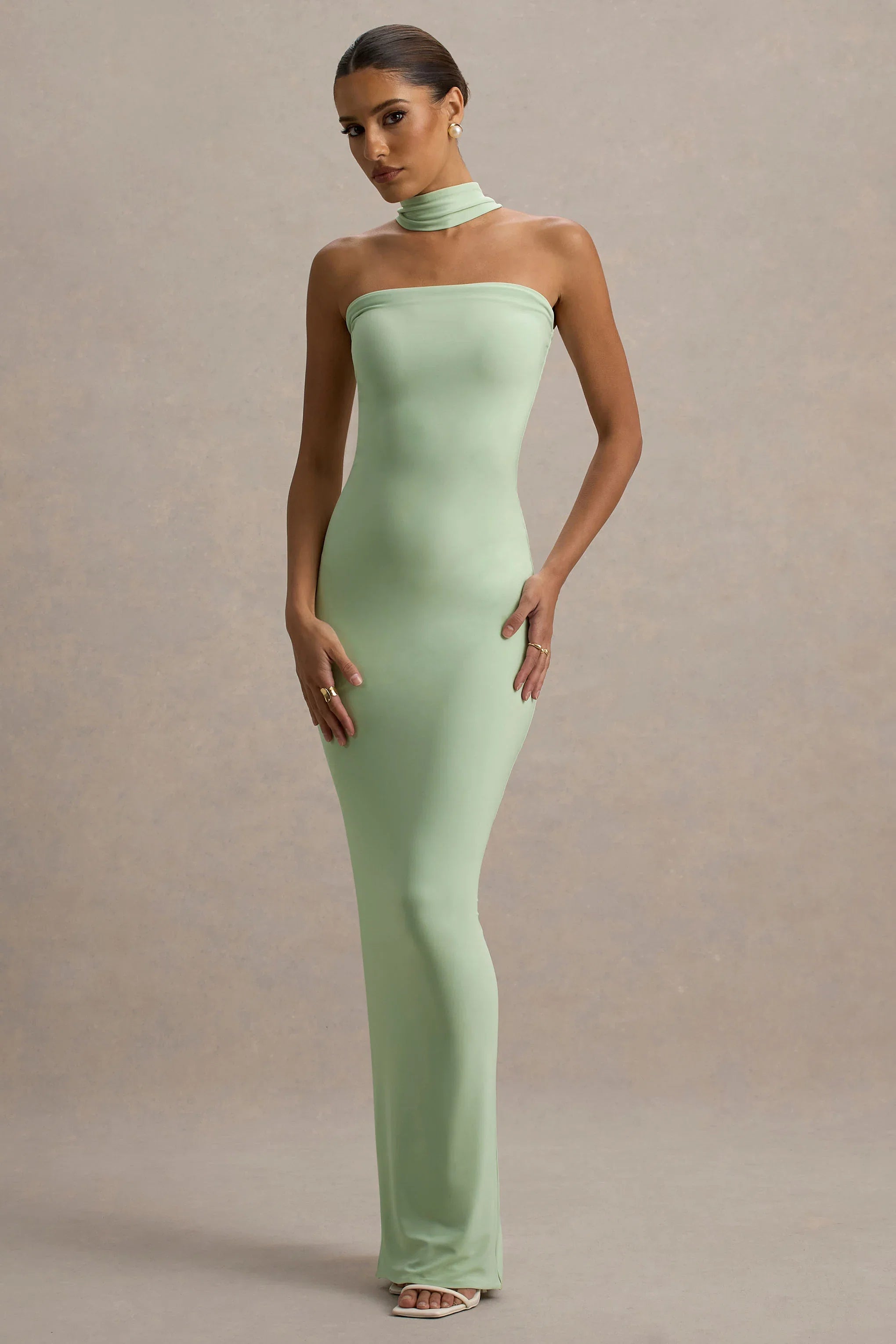 Nobu Light Green Bandeau Maxi Dress With Halter Collar