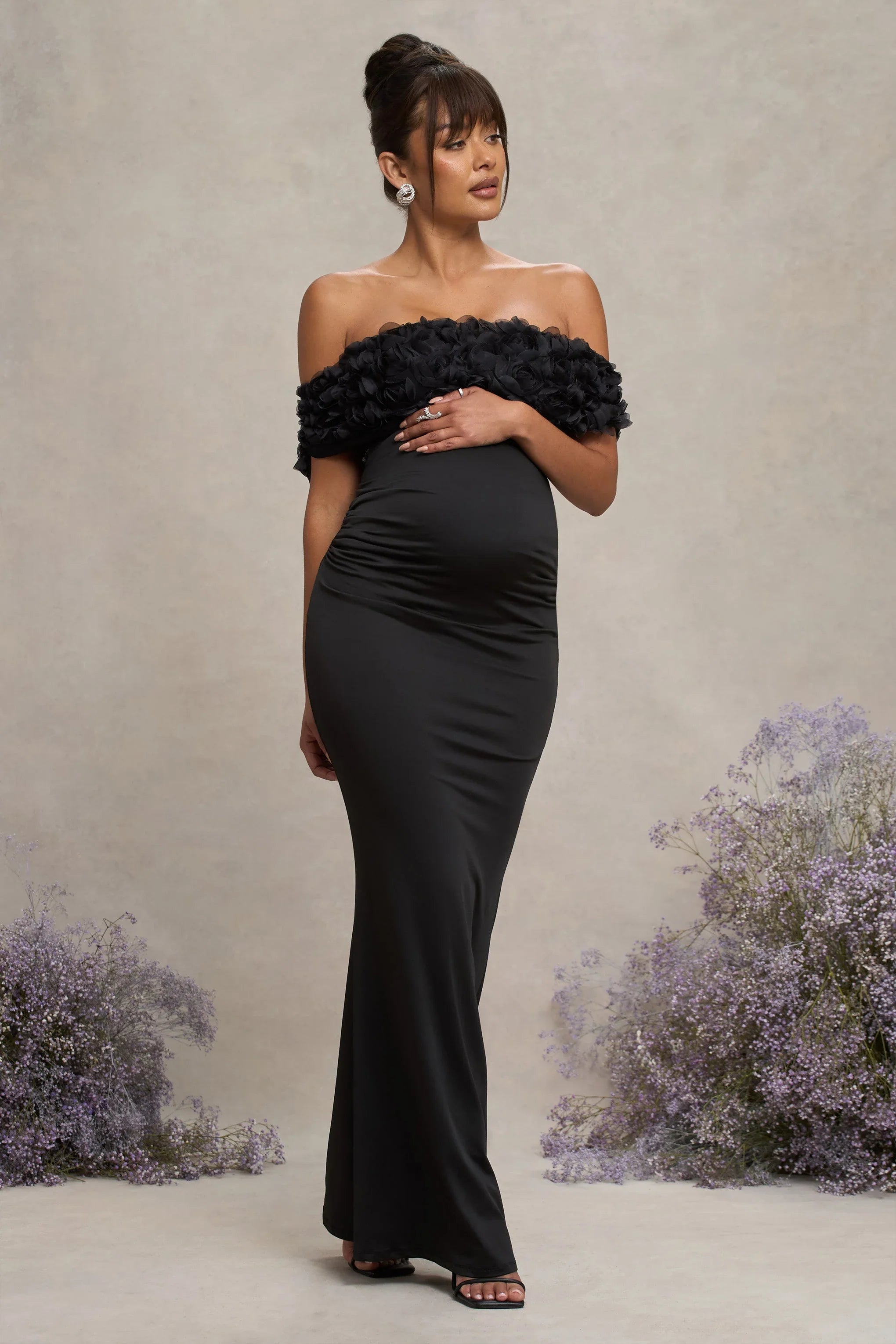 Inflorescence Black Mesh Floral Bardot Maternity Maxi Dress