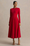 Bellamy Red Crew Neck Long Sleeve Midi Dress