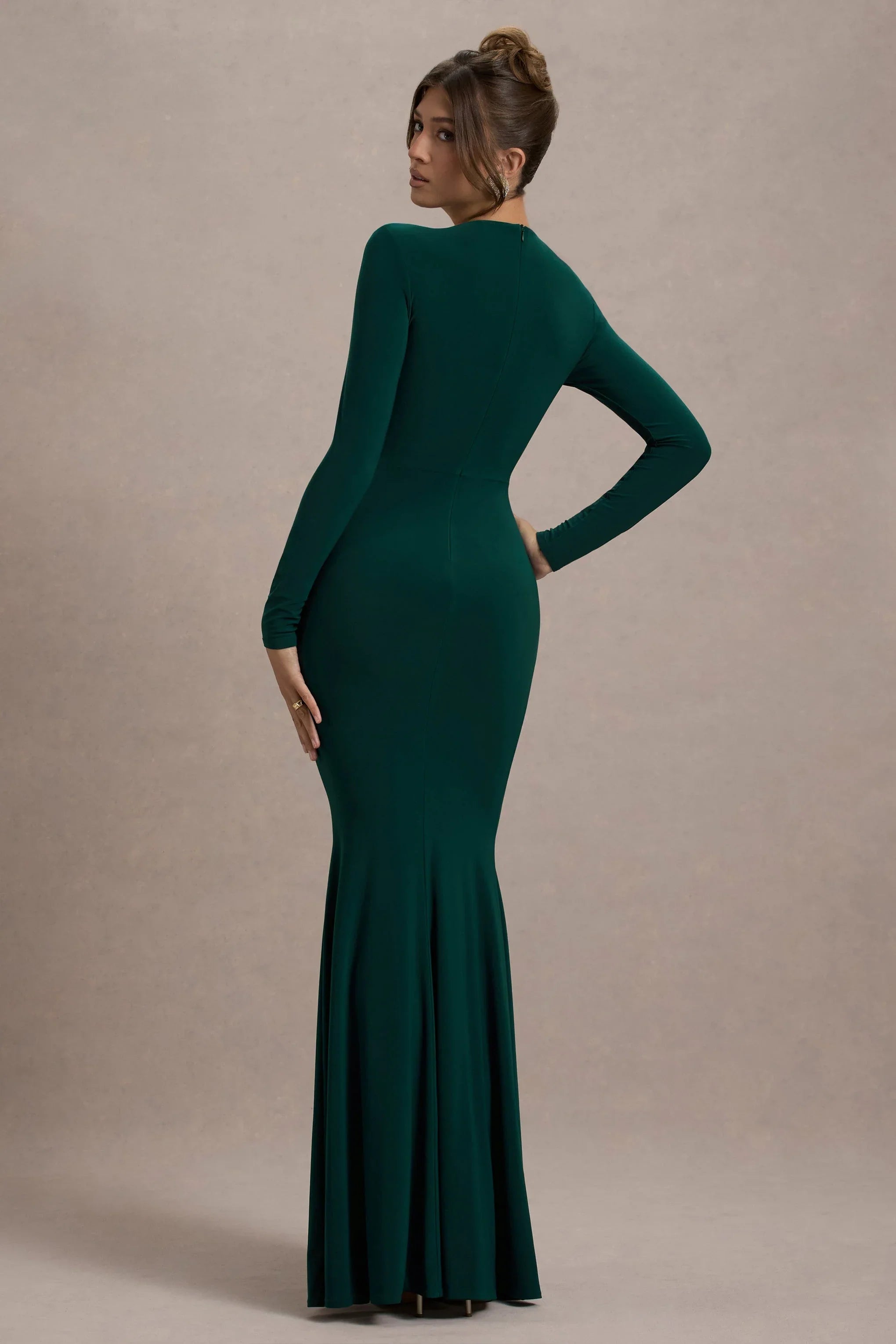 Leslie Bottle Green Long Sleeve Twisted Split Maxi Dress