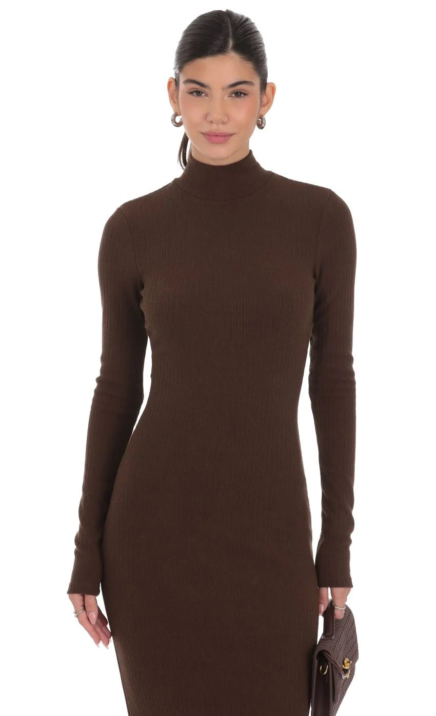 Ribbed Knit Mock Neck Maxi Dress in Brown
