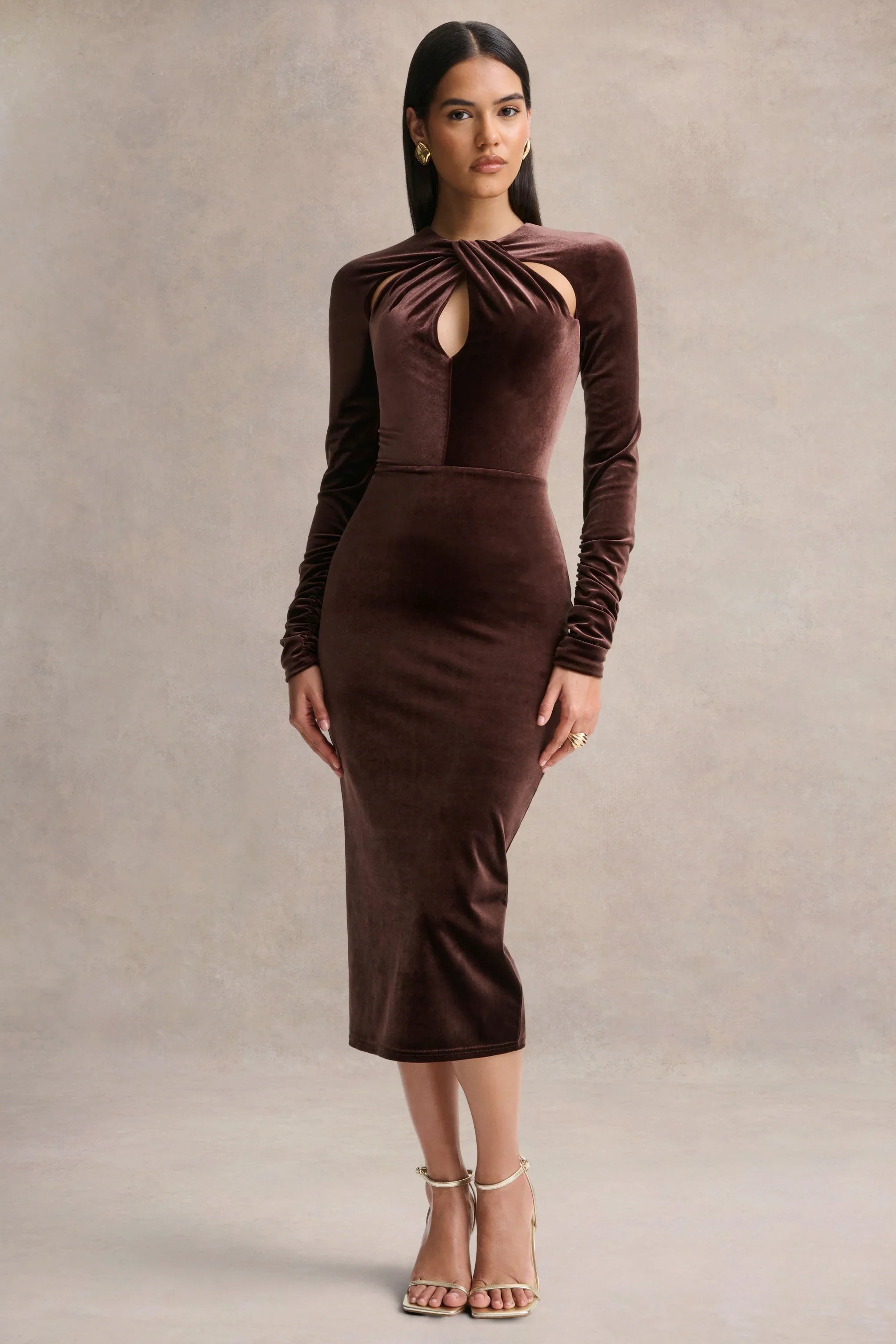Francine Brown Velvet Round Neck Midi Dress With Cut Out Details