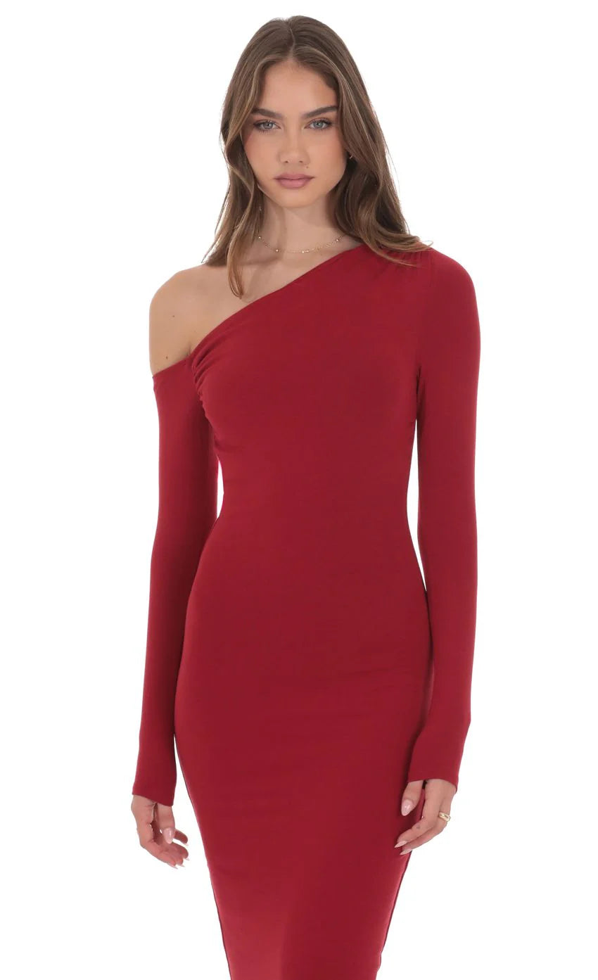Off Shoulder Long Sleeve Maxi Dress in Red