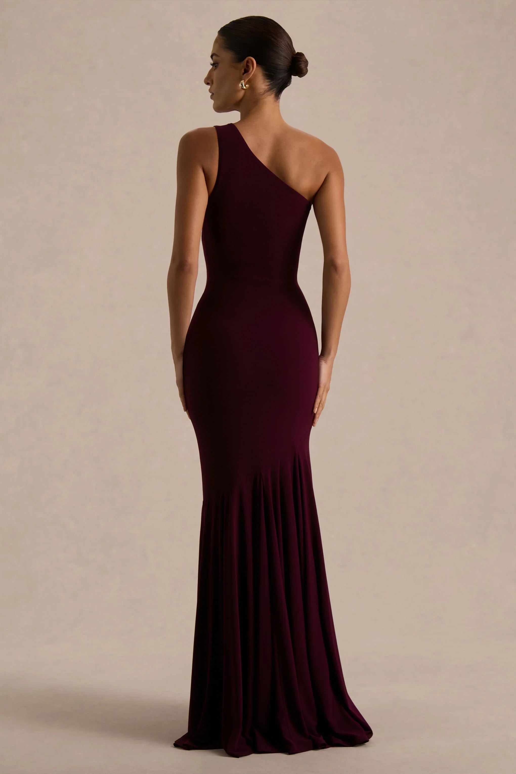 Zya Dark Plum Asymmetric Neck Fishtail Maxi Dress
