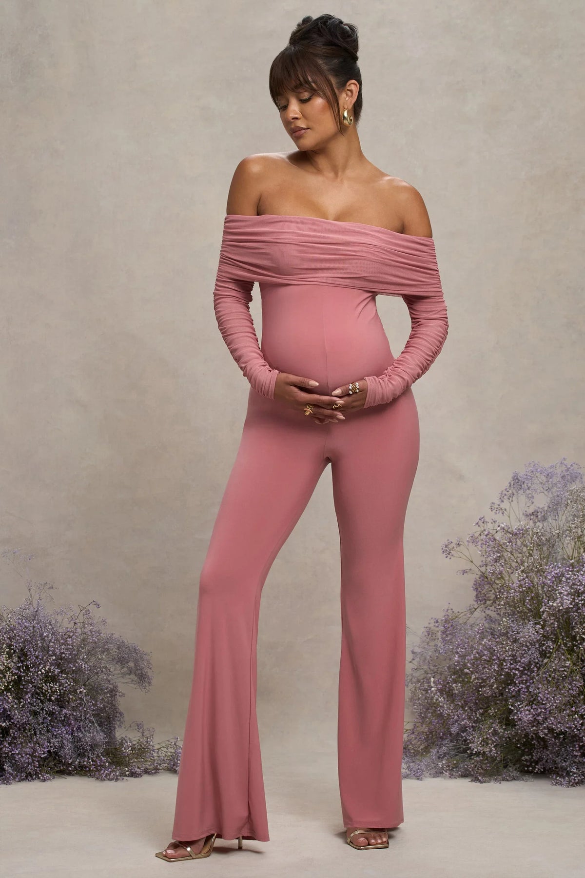 Count Down Blush Pink Maternity Ruched Mesh Bardot Jumpsuit