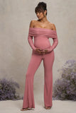 Count Down Blush Pink Maternity Ruched Mesh Bardot Jumpsuit