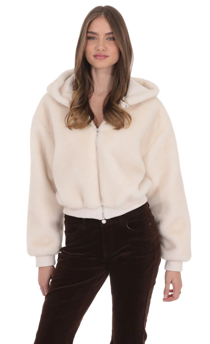 Fuzzy Zip Up Hoodie in Ivory