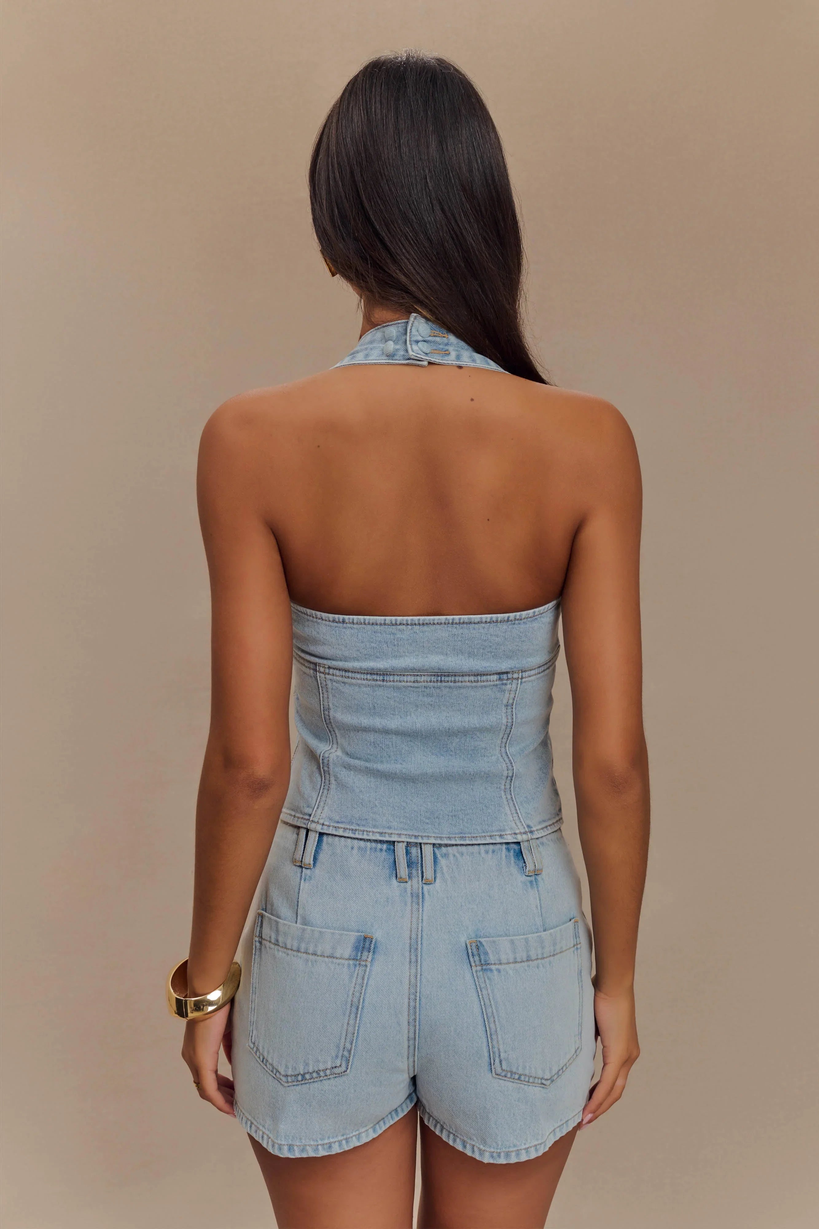 Dayna Denim Halter Top Light Blue