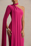 Amal Hot Pink Asymmetric Neck Maxi Dress With Scarf and Cape Detail