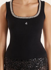 Black Embellished Trim Square Neck Vest Top