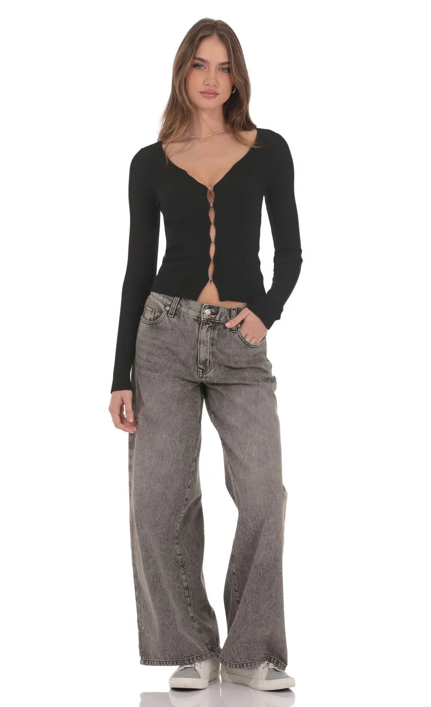 Ribbed Hook and Eye Cardigan in Black
