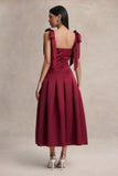 Alberta Burgundy Satin Square Neck Midi Dress With Bow Straps