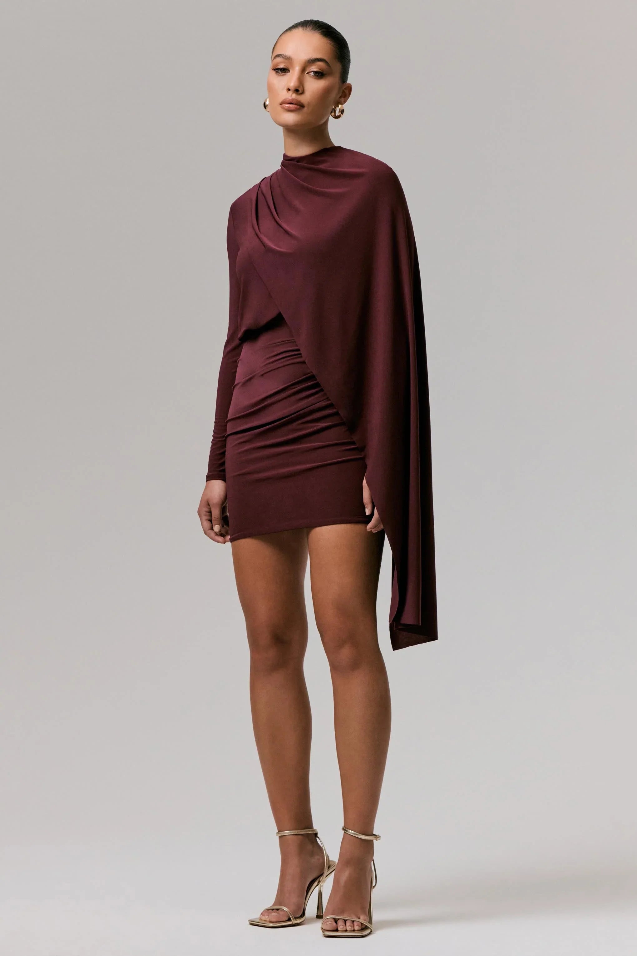 Celeste Burgundy Long Sleeve Mini Dress With Cape Sleeve