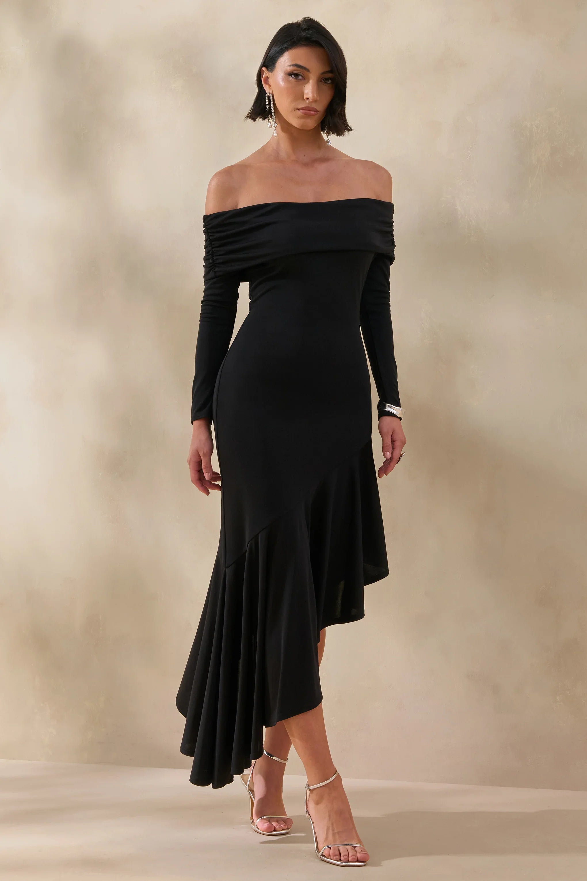 Goldara Black Bardot Neck Maxi Dress With Ruffled Asymmetric Hem