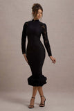 Chandra Black Mesh Long Sleeve Midi Dress With Ruffle Hem