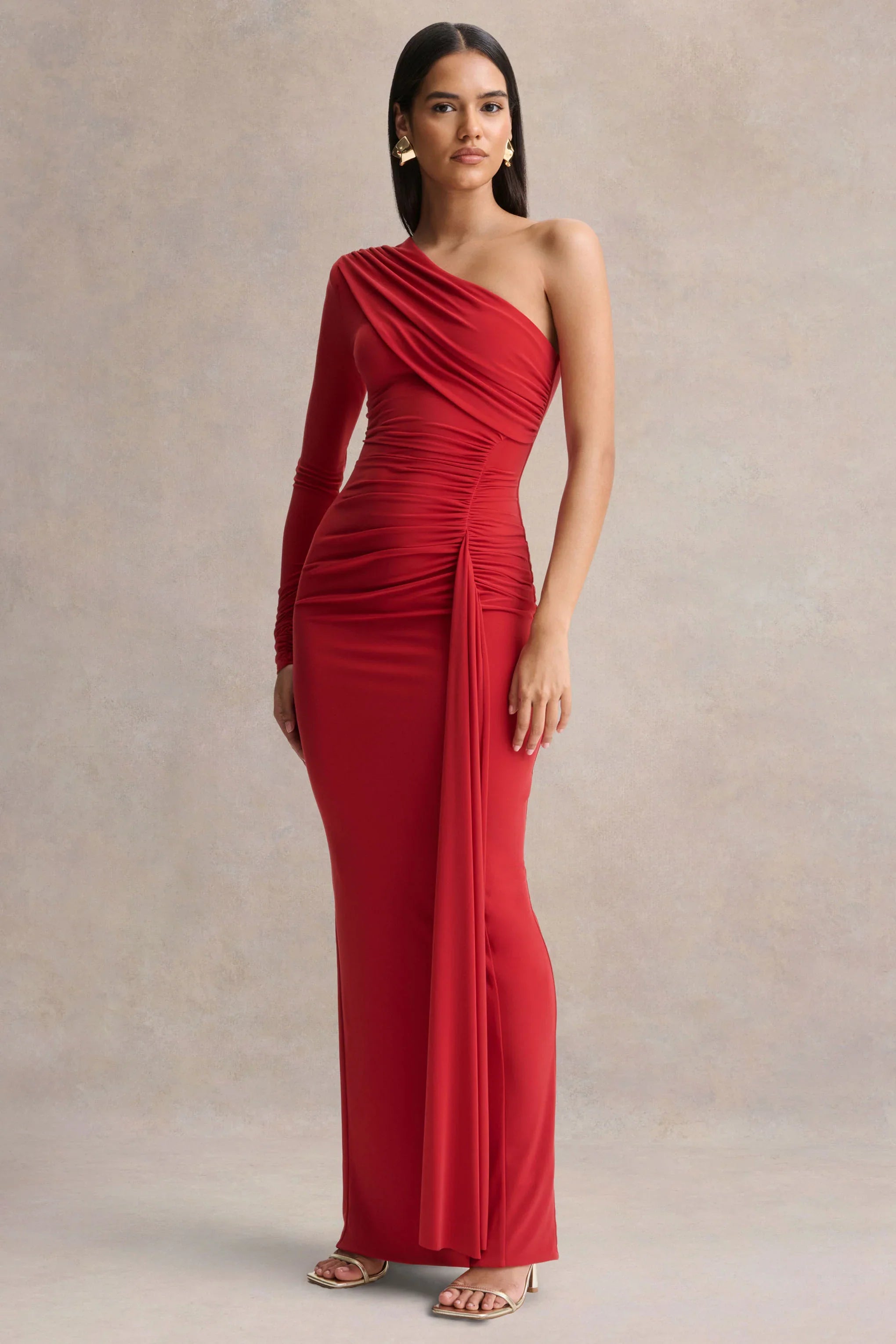 Anne Red Asymmetric Neck Wrapped Maxi Dress With Sash