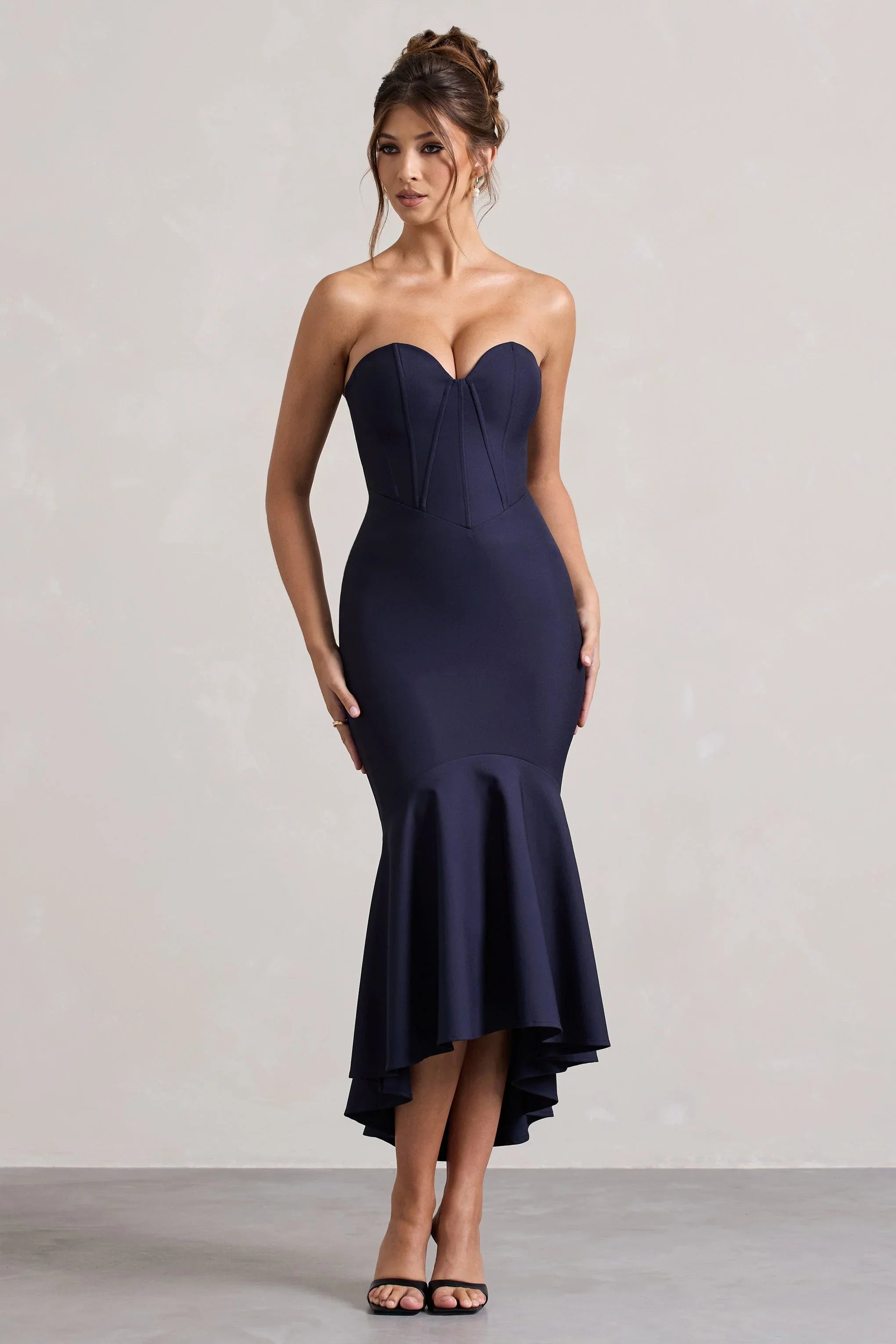 Daylight Navy Corset High Low Midi Dress
