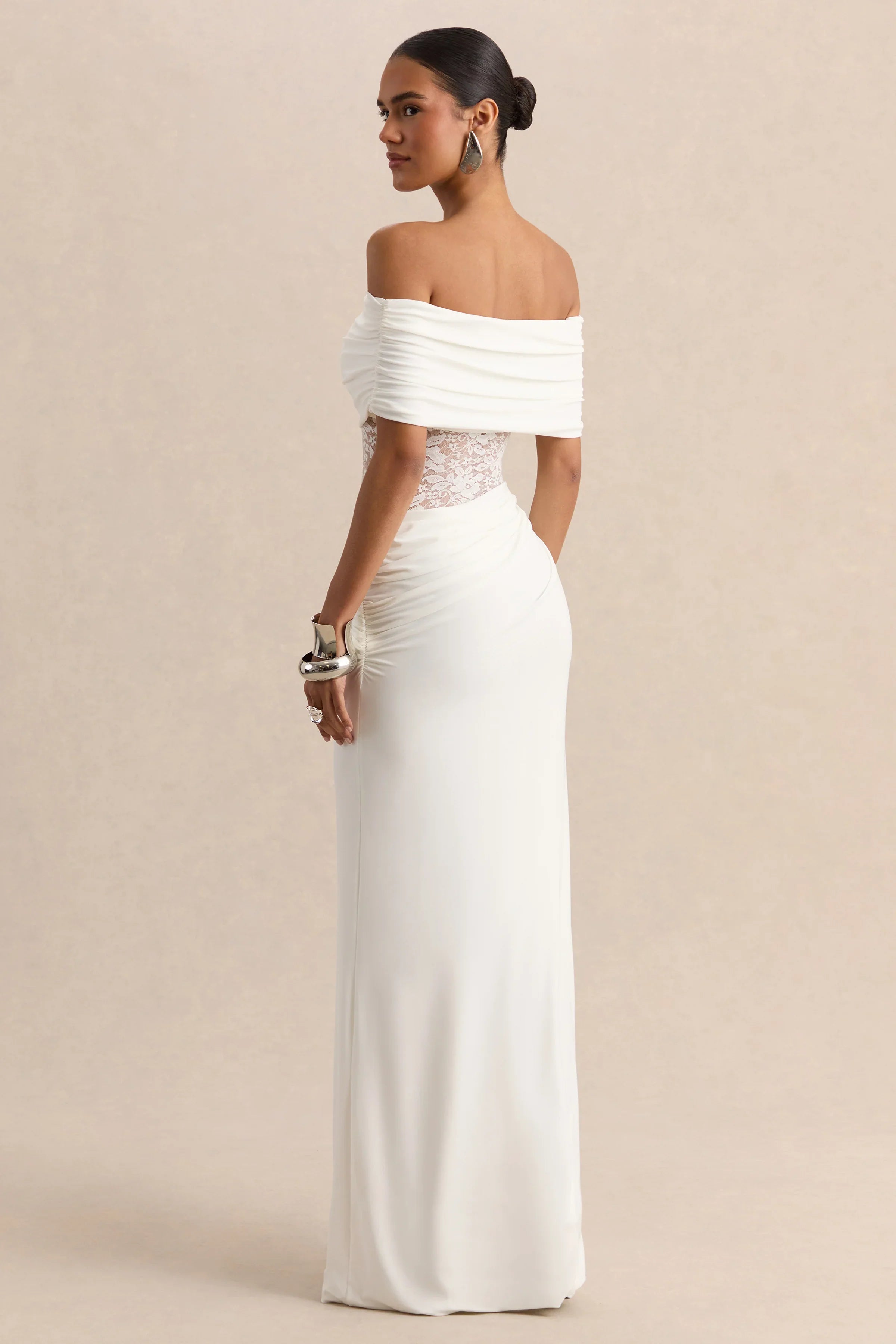 Forsya White Bardot Neck Maxi Dress With Lace Detailing