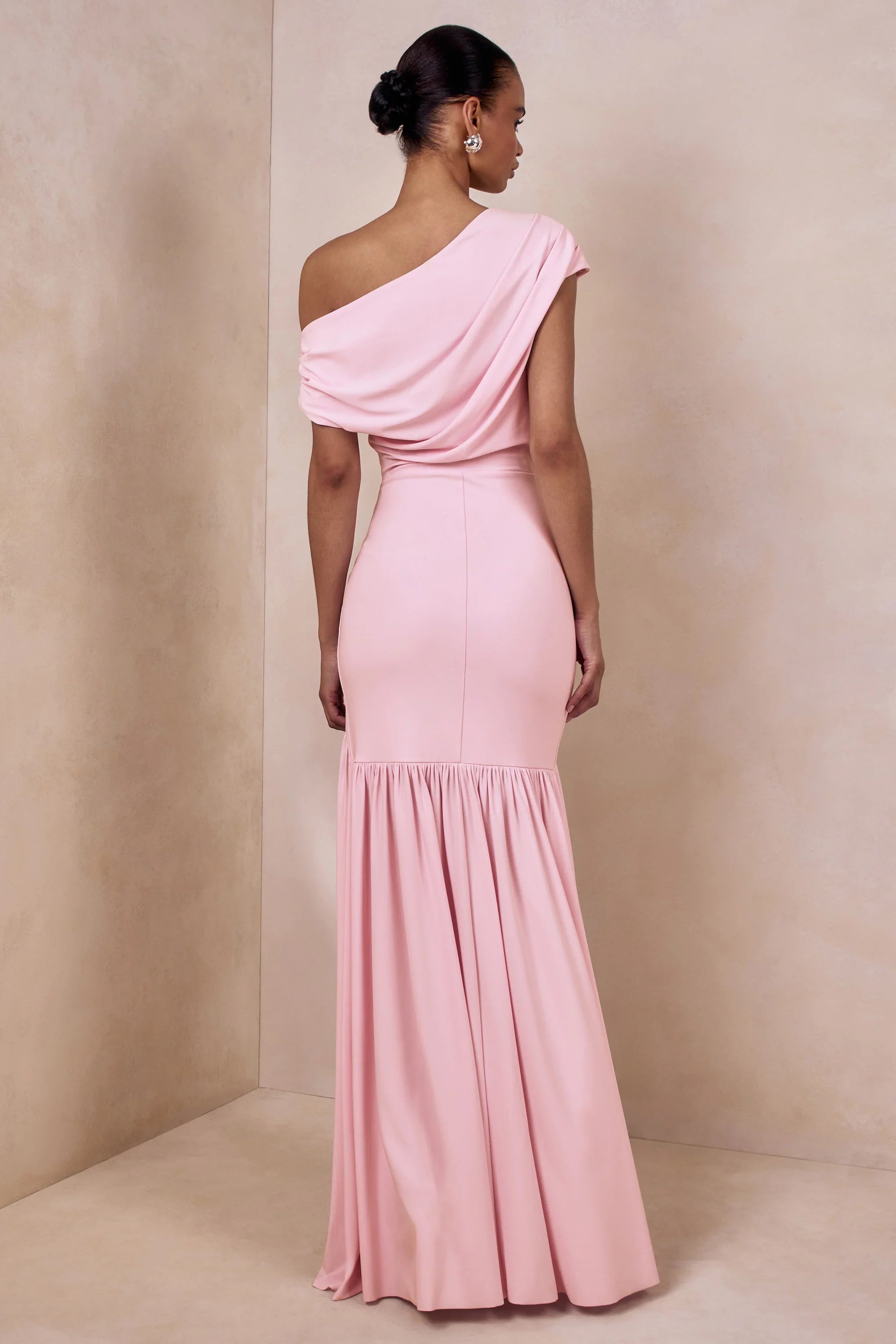 Kady Pink Asymmetric Neck Maxi Dress With Ruched Detailing
