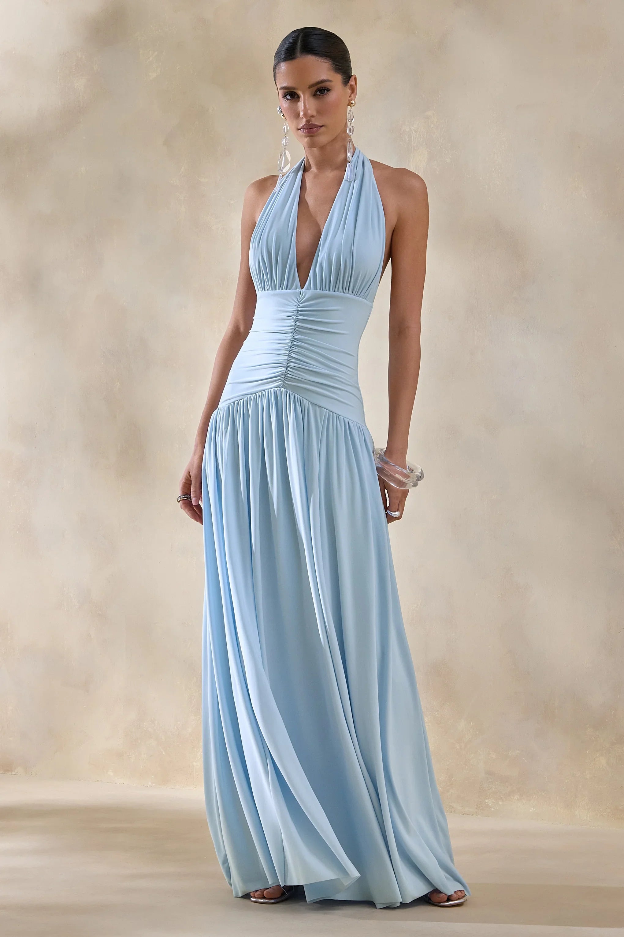Bettina Powder Blue Plunge Neck Maxi Dress With Gathered Detailing