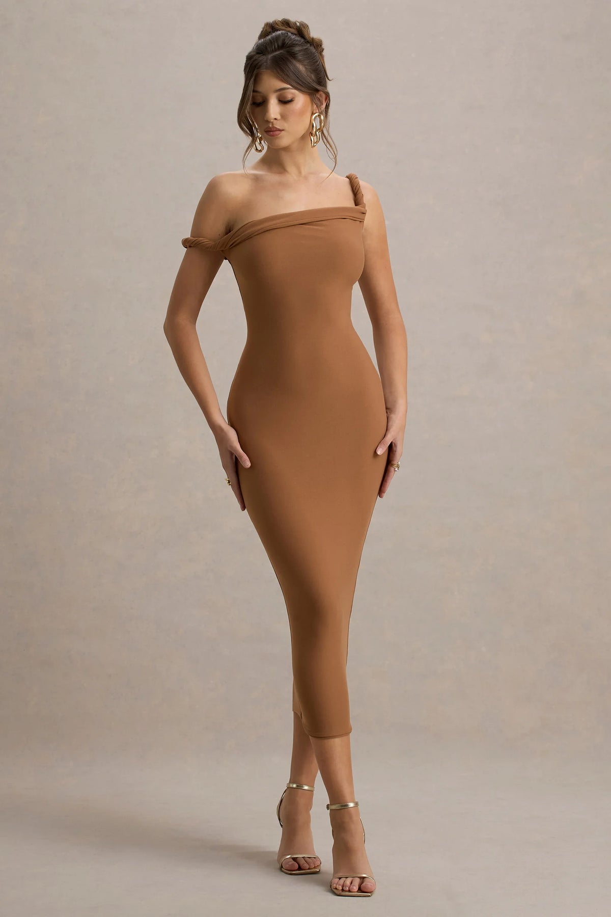 Salome Brown Twisted Asymmetric Midi Dress