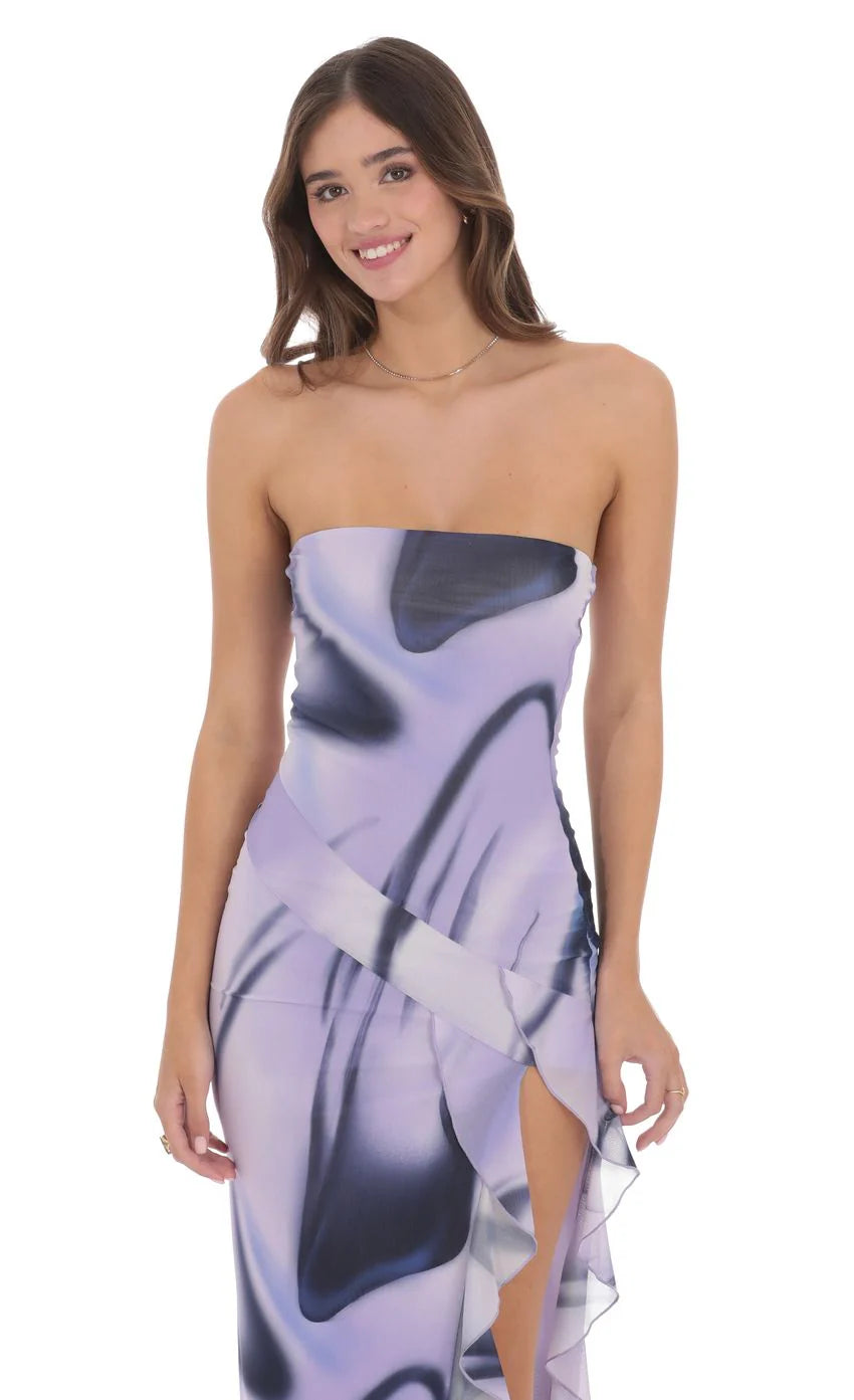 Swirl Mesh Strapless Ruffle Slit Dress in Purple
