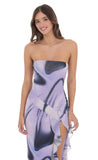 Swirl Mesh Strapless Ruffle Slit Dress in Purple