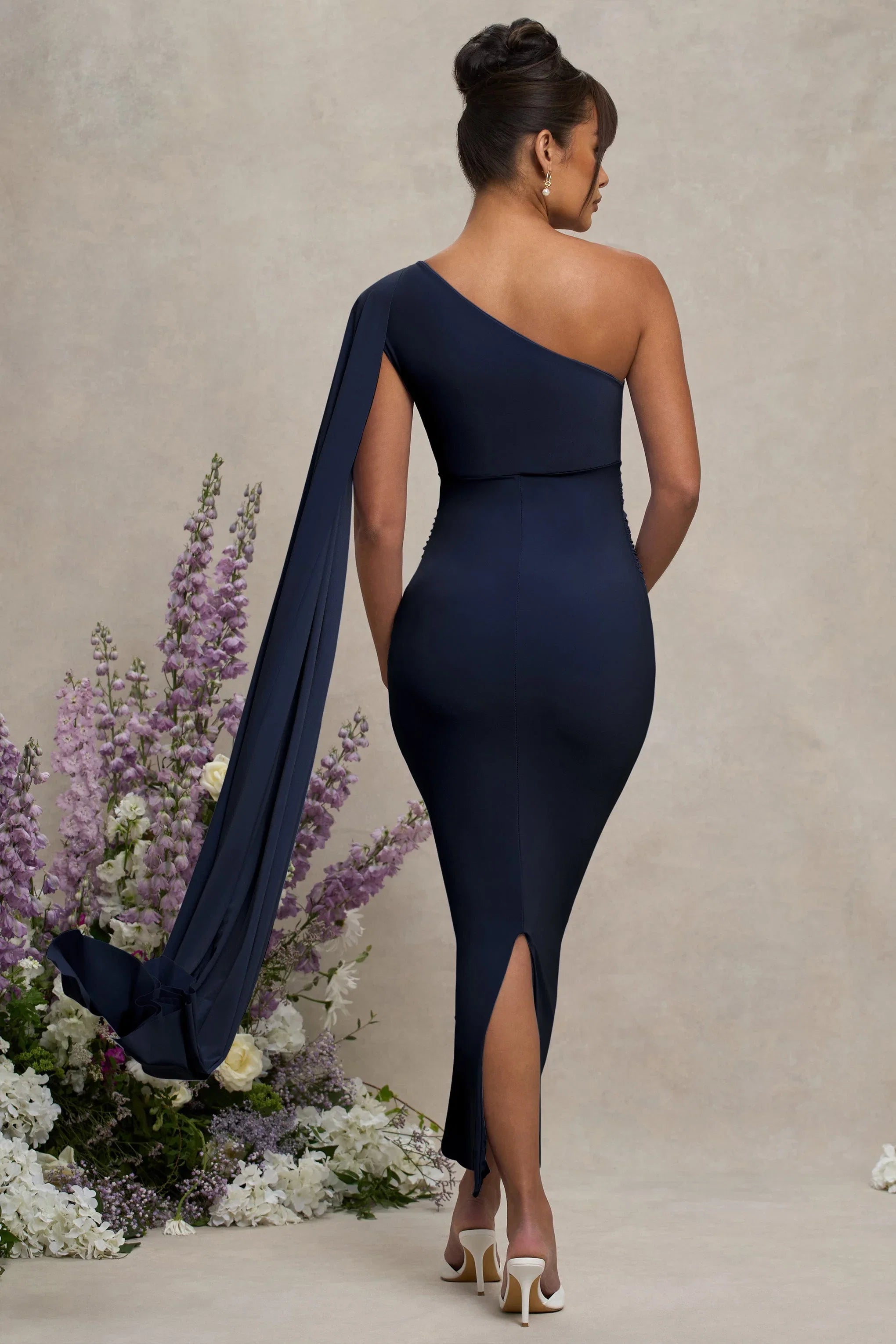 Amaryllis Navy Maternity One Shoulder Maxi Dress with Cape Sleeve