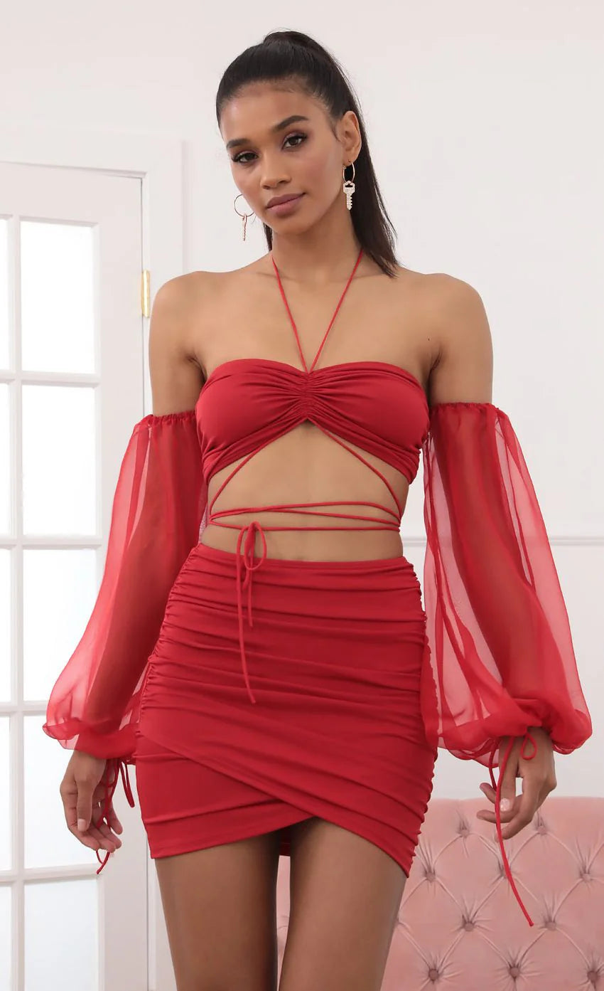 Long Sleeve Off Shoulder Two Piece Set in Red