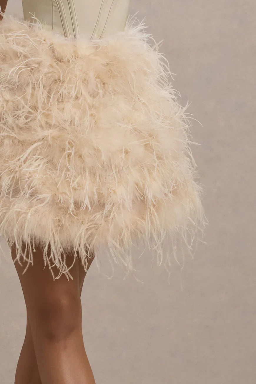 Peaches Champagne Strapless Mini Dress With Volume Feather Hem
