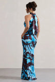 Adoria Floral Print Satin High Neck Maxi Dress