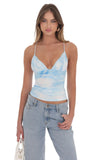 Swirl Mesh V Neck Top in Blue