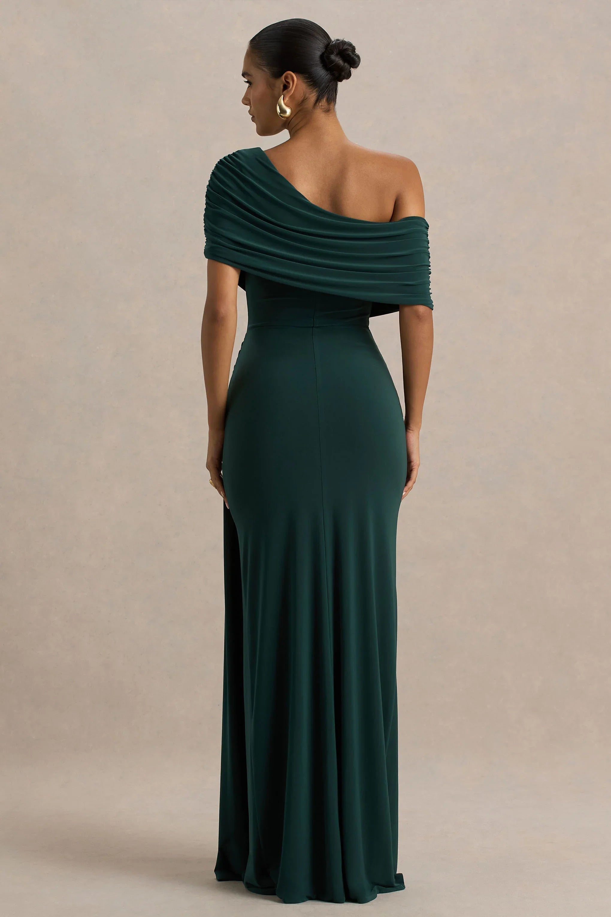 Dynasty Dark Green Asymmetric Neck Maxi Dress With Ruched Detailing And Front High Split