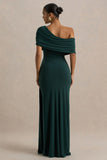 Dynasty Dark Green Asymmetric Neck Maxi Dress With Ruched Detailing And Front High Split