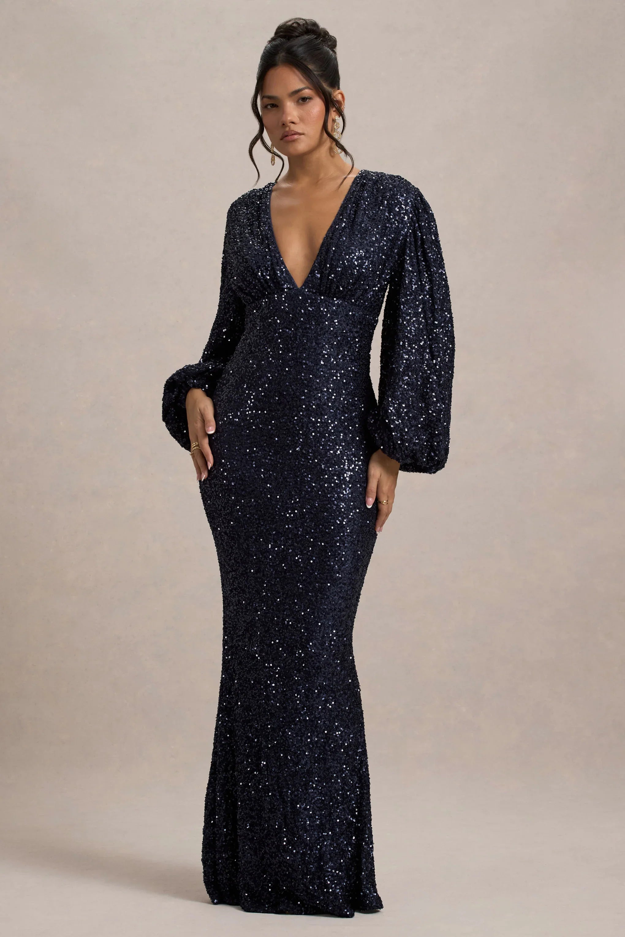 Kaelin Navy Sequin Plunge Neck Maxi Dress