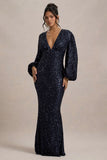Kaelin Navy Sequin Plunge Neck Maxi Dress