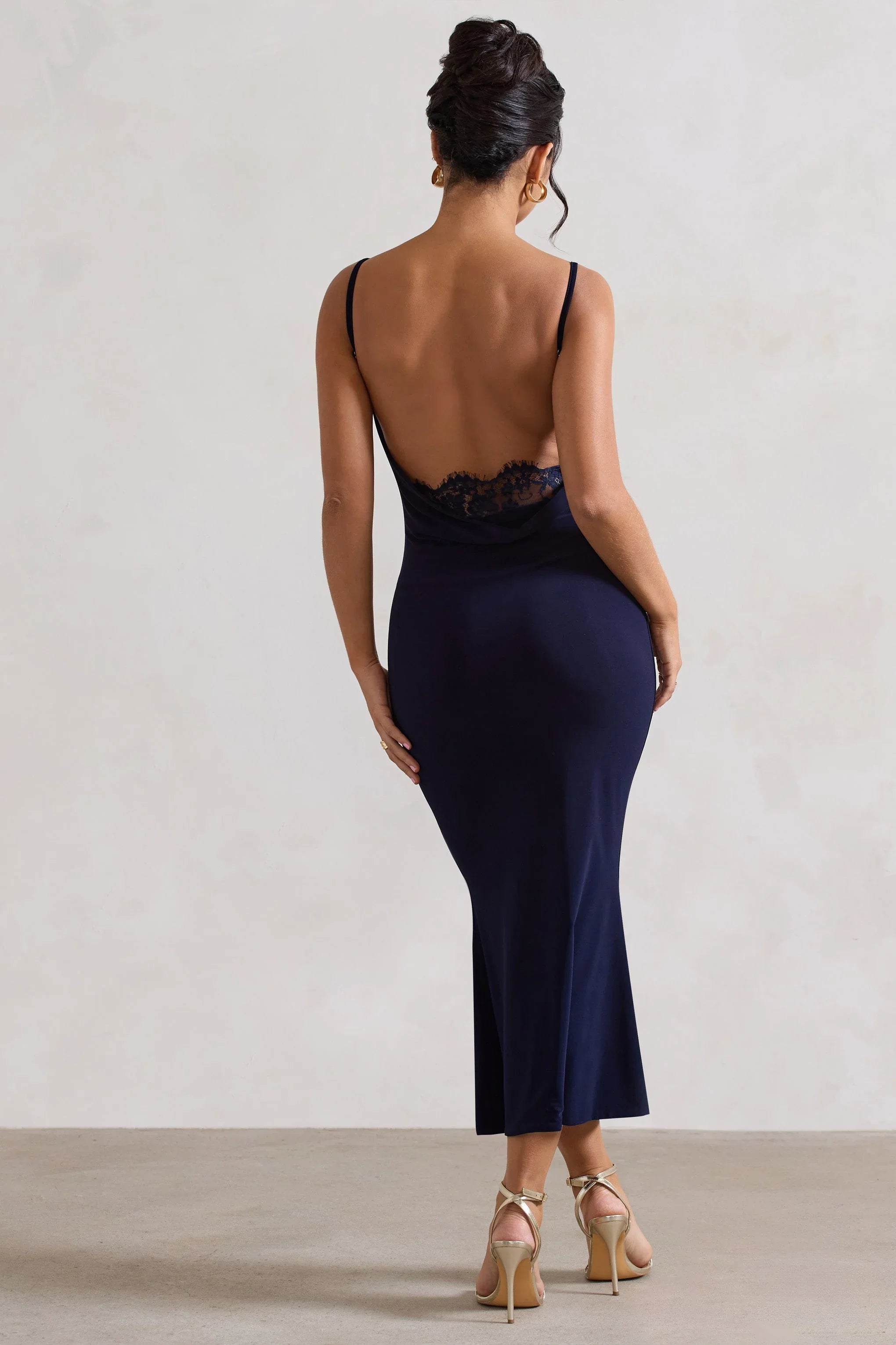 Addison Navy Cowl Neck Open Back Midi Dress With Lace