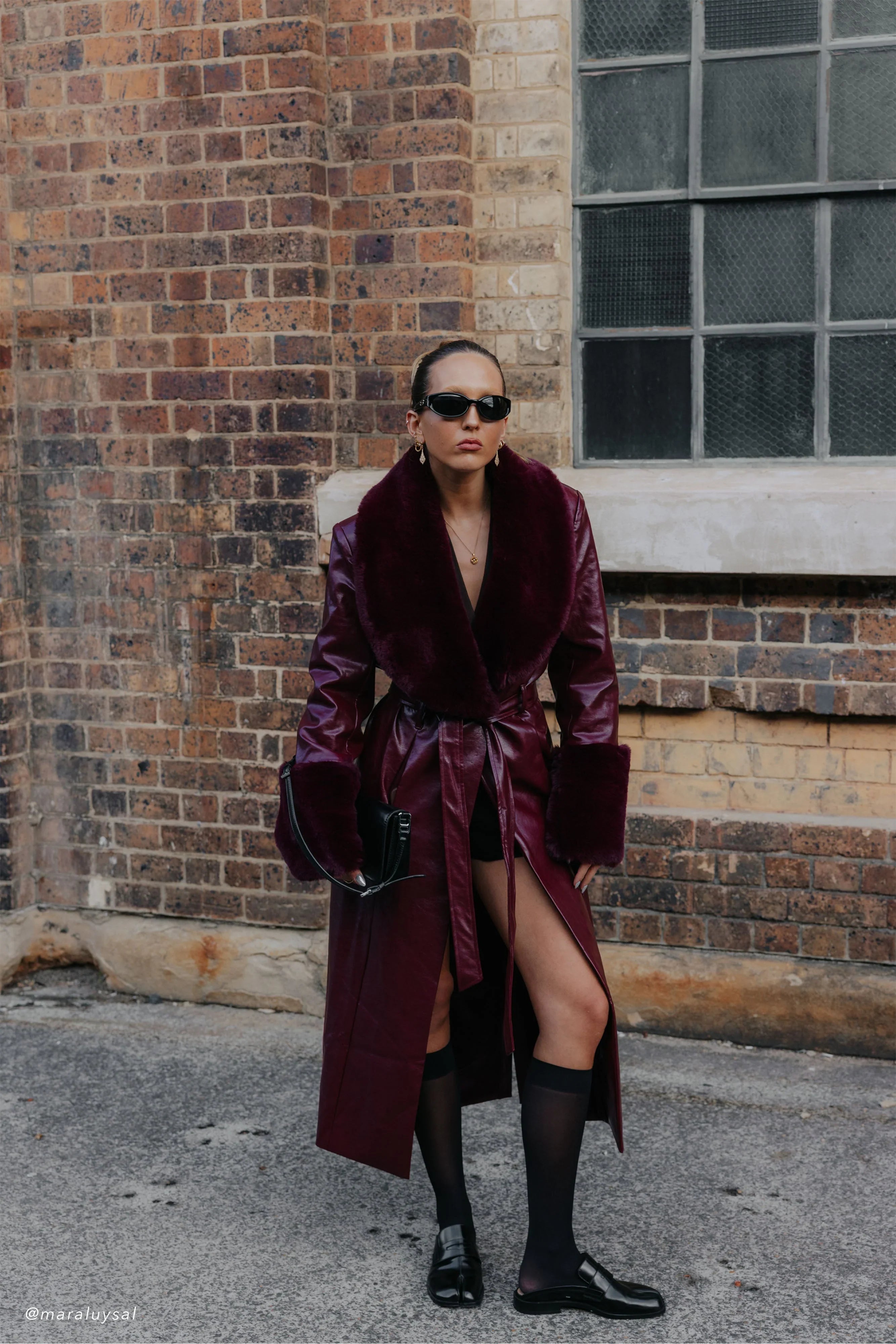 Bec Faux Leather Trench Coat With Faux Fur Cherry Red