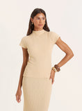 Beige Textured Fine Knit High Neck Top