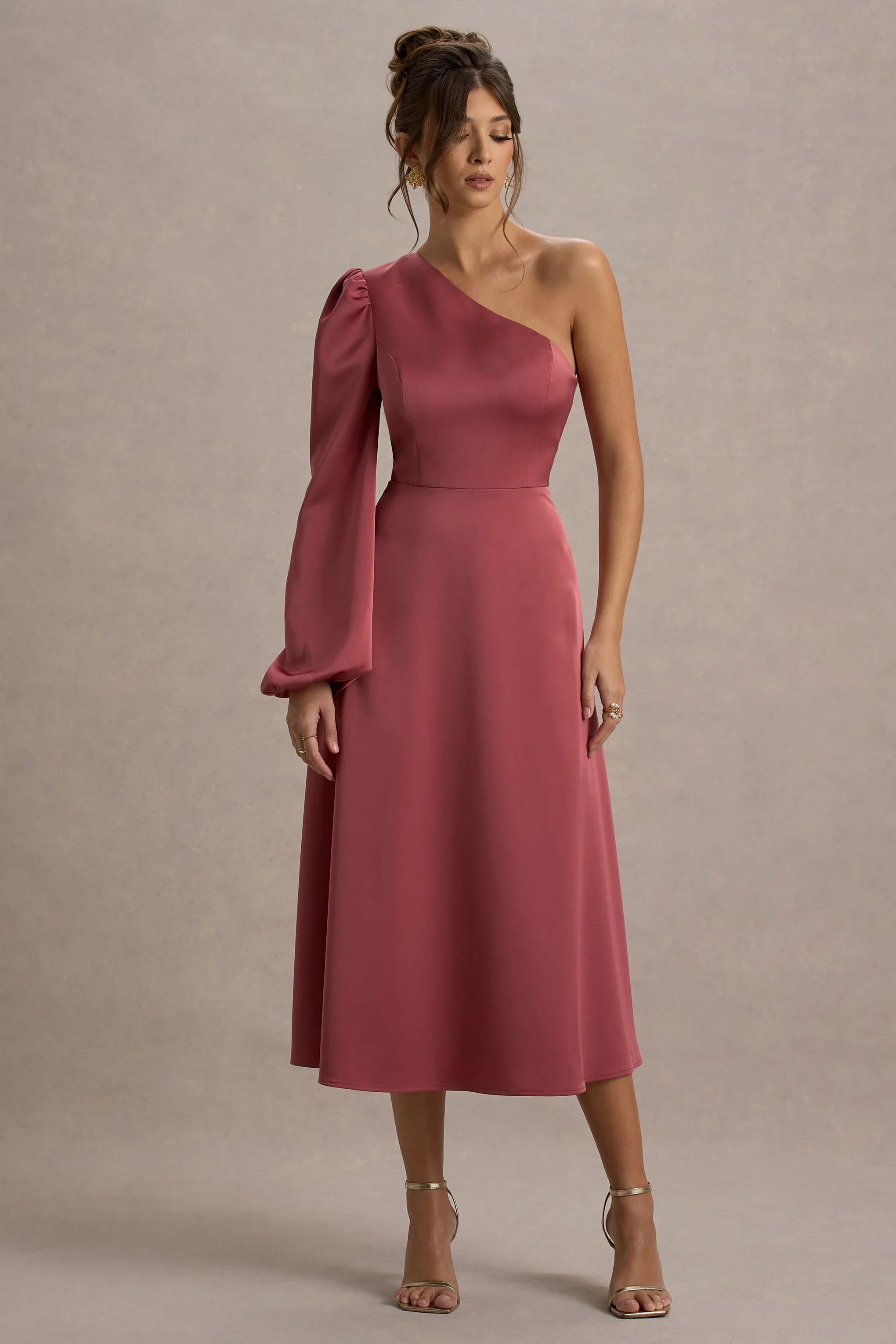 Haila Rose Pink Satin One Shoulder Midi Dress