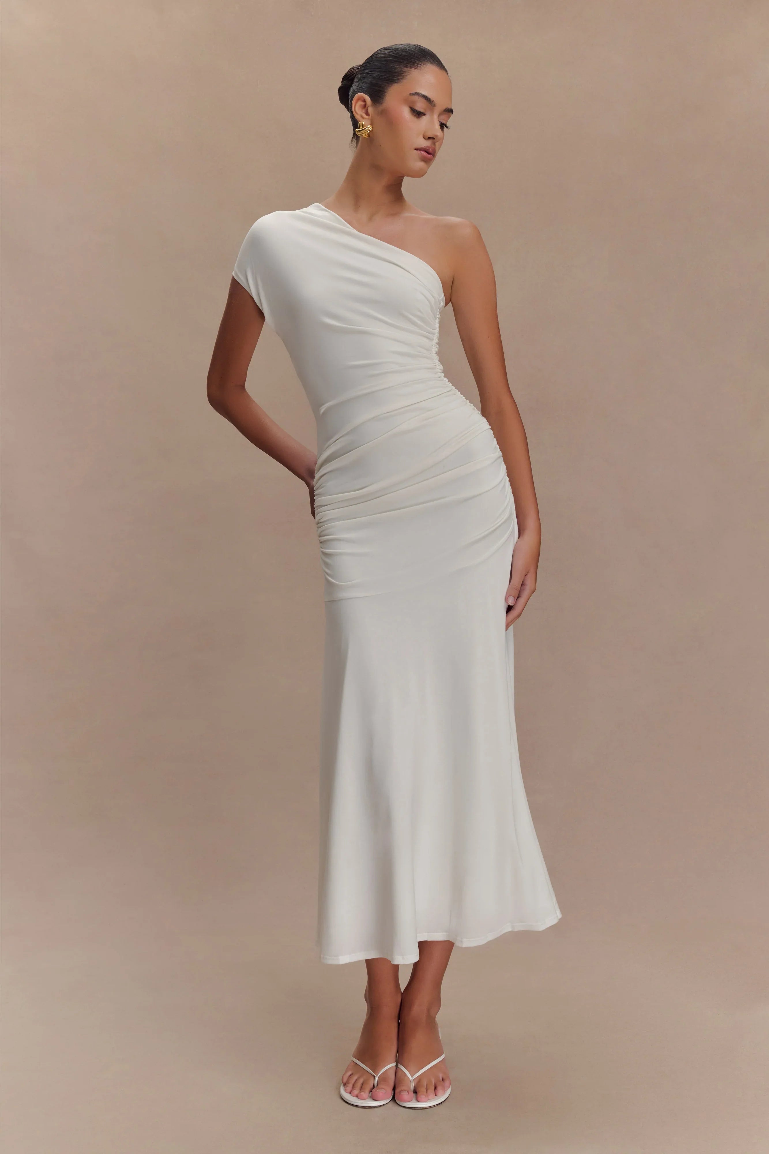 Chloe Peached Jersey One Shoulder Midi Dress Ivory