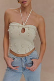 Aletta Knit Pearl Halter Top Ivory