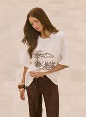 White Beach Embroidered Graphic Cotton T Shirt