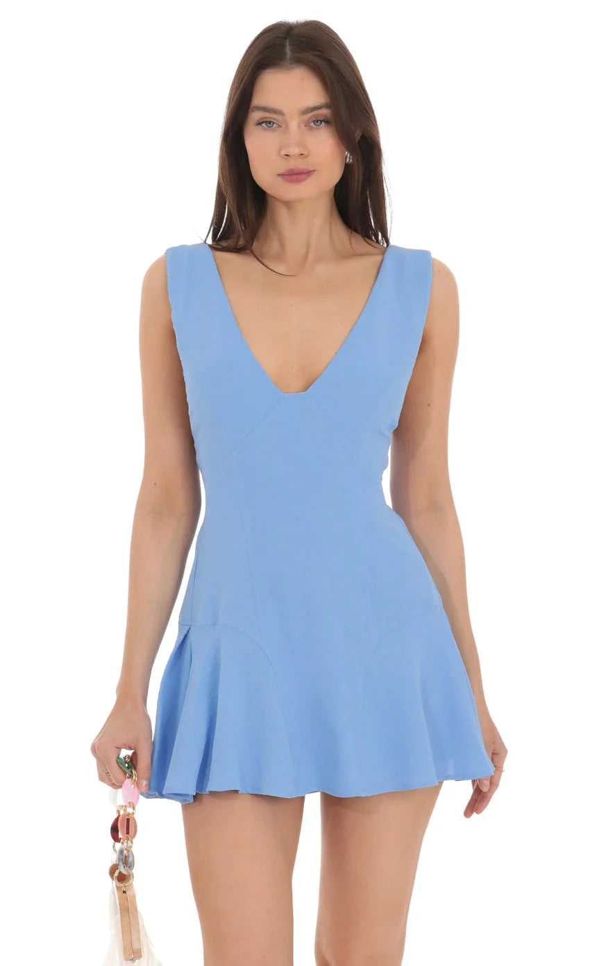 V Neck Fit and Flare Dress in Blue
