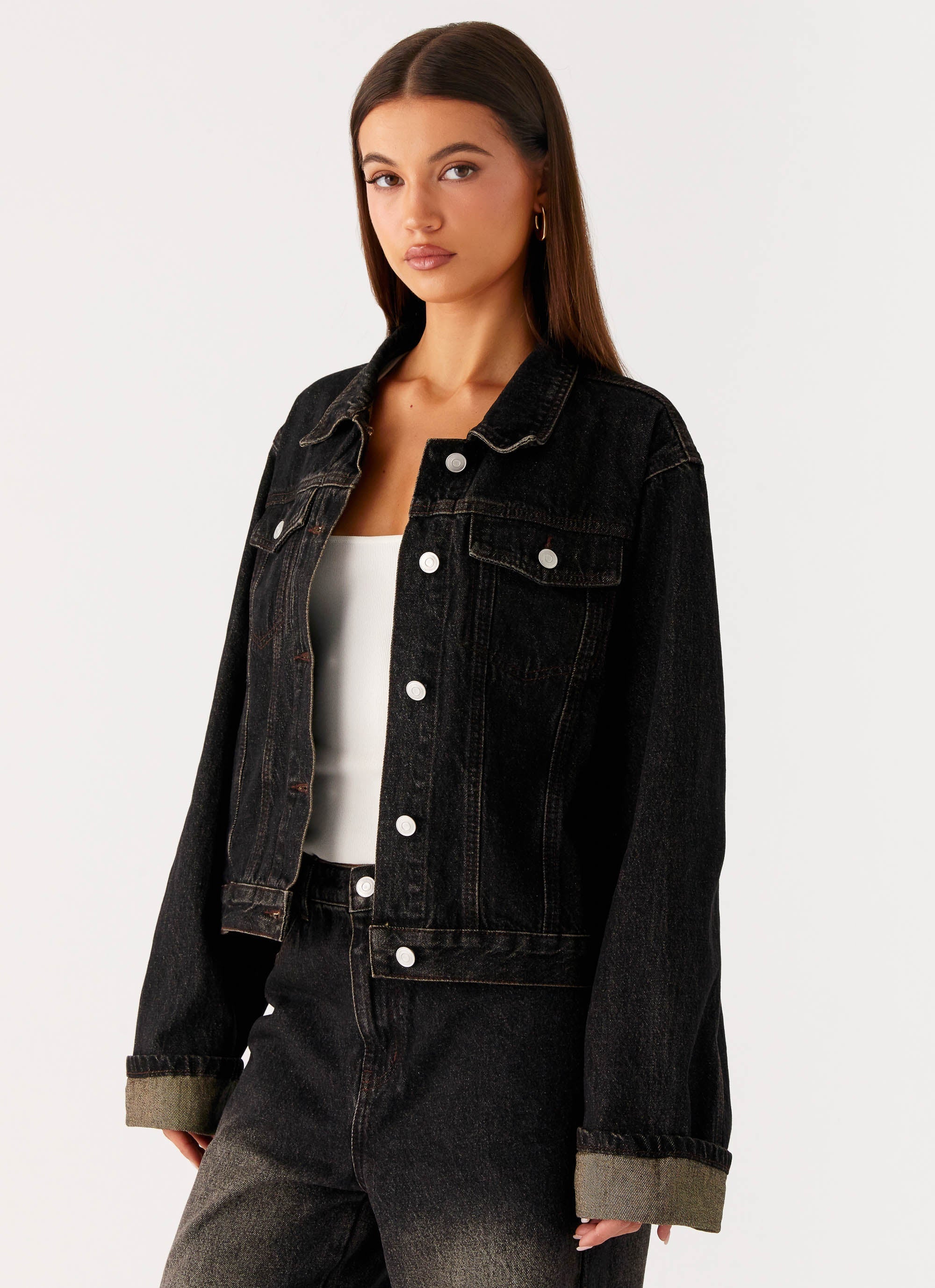 Back Again Oversized Denim Jacket Acid Charcoal