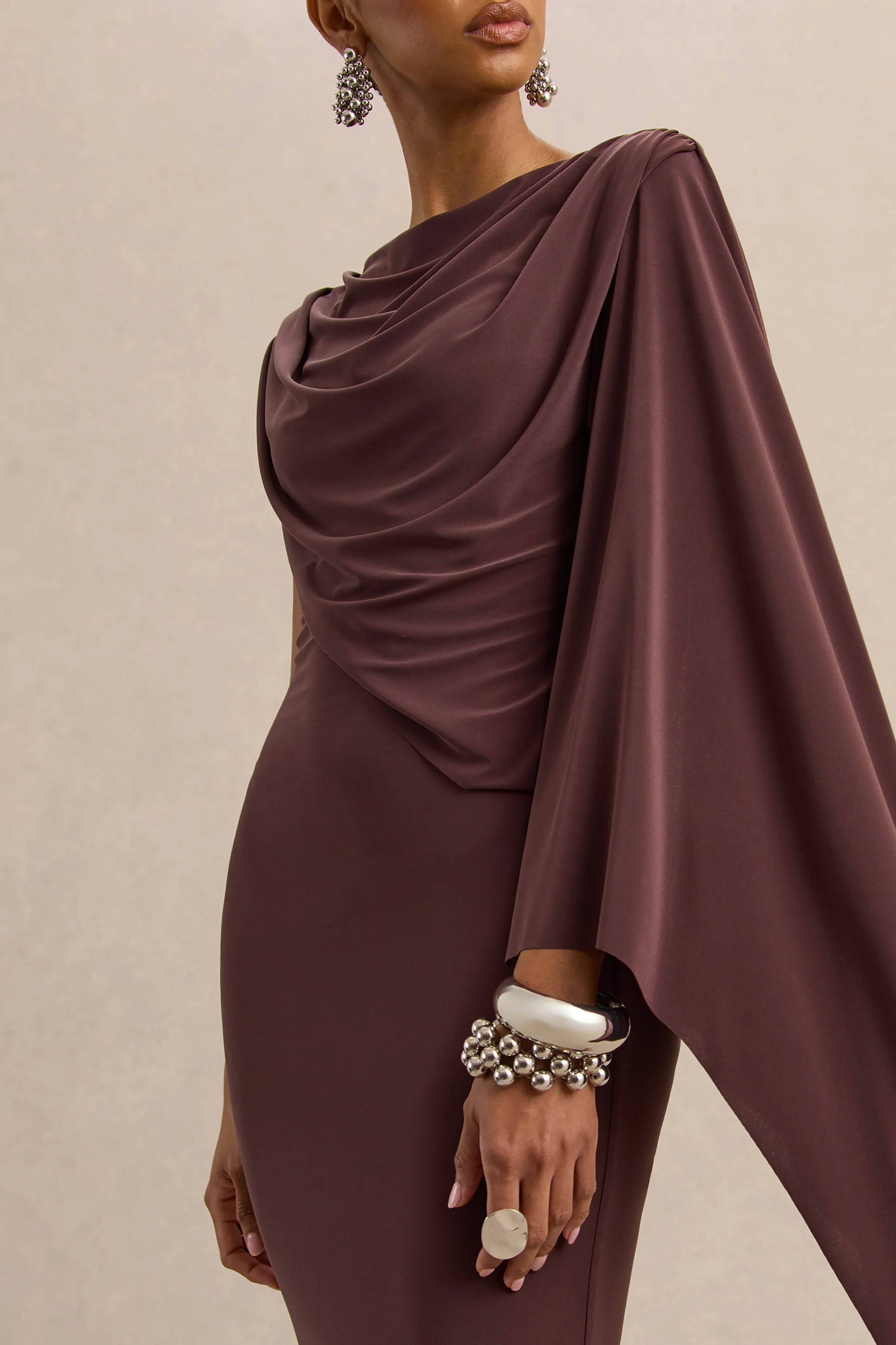 Kamoria Brown Round Neck Midi Dress With Cape Sleeve