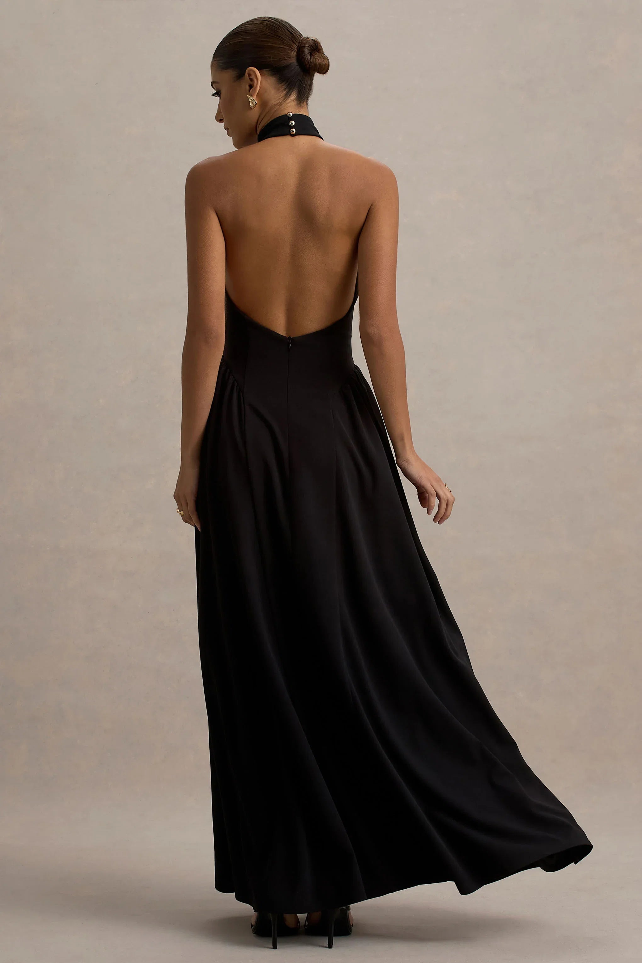 Cynthia Black High Neck Maxi Dress With Volume Skirt