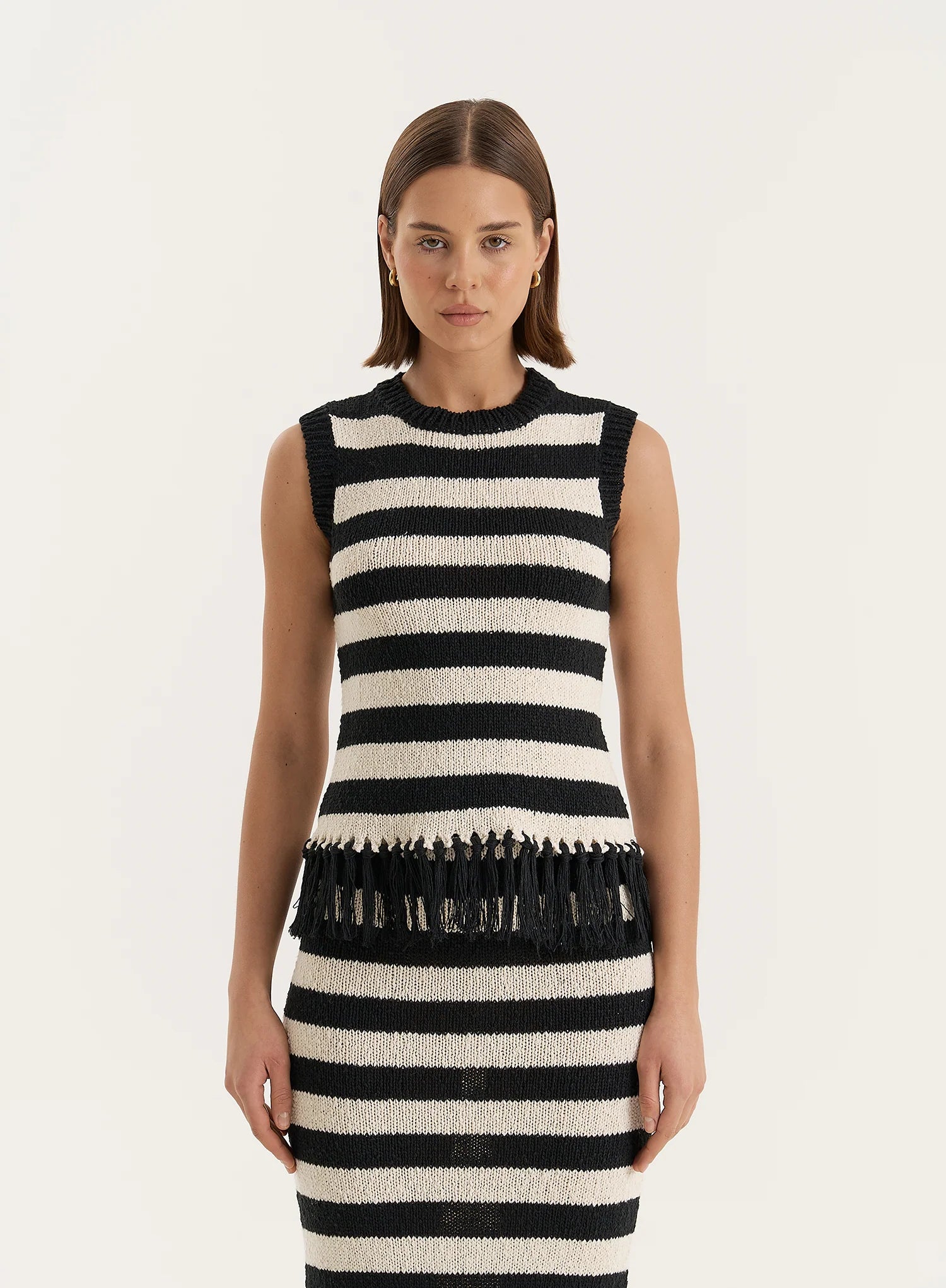 Striped Sleeveless Knitted Tassel Trim Top