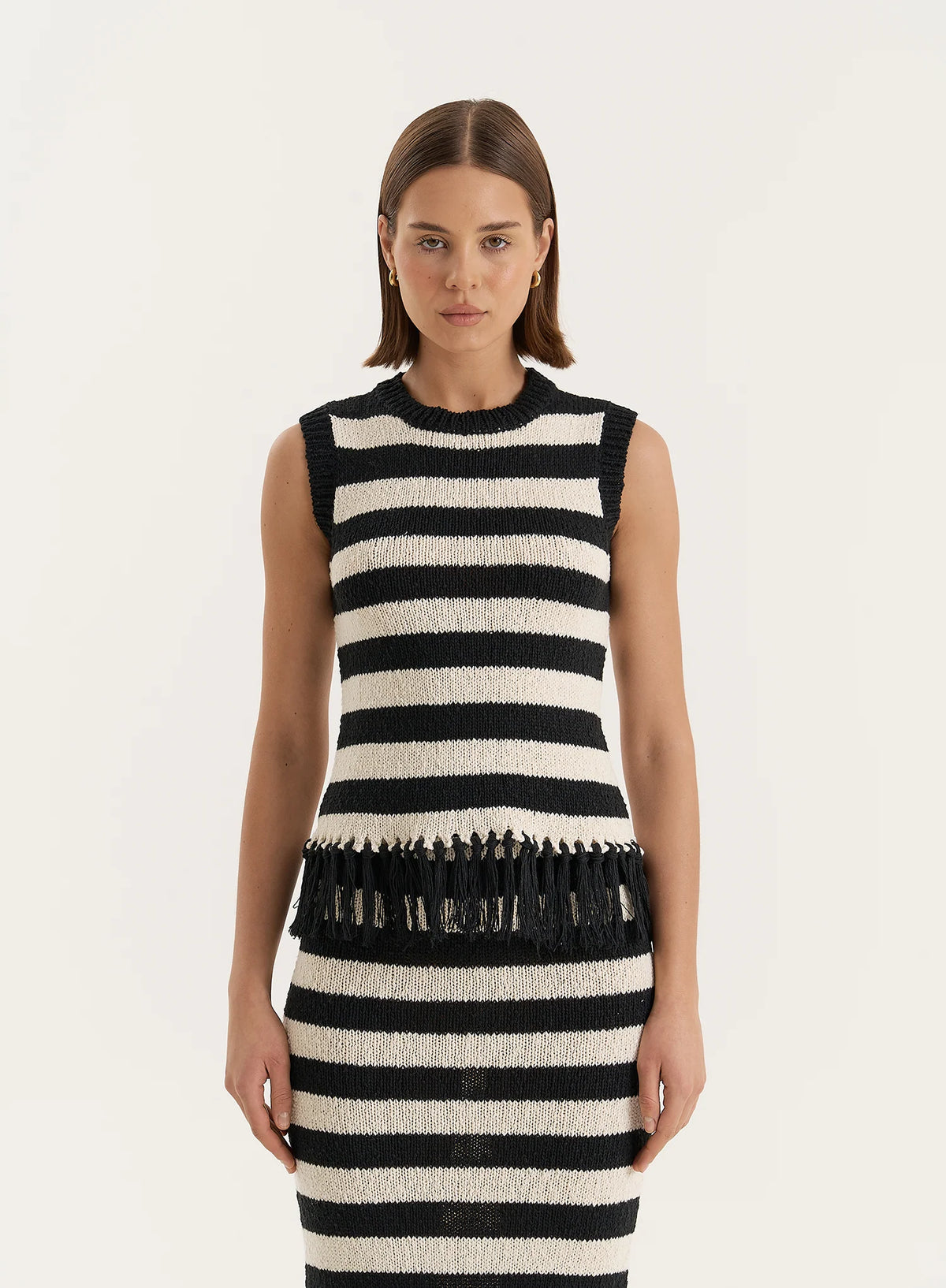Striped Sleeveless Knitted Tassel Trim Top