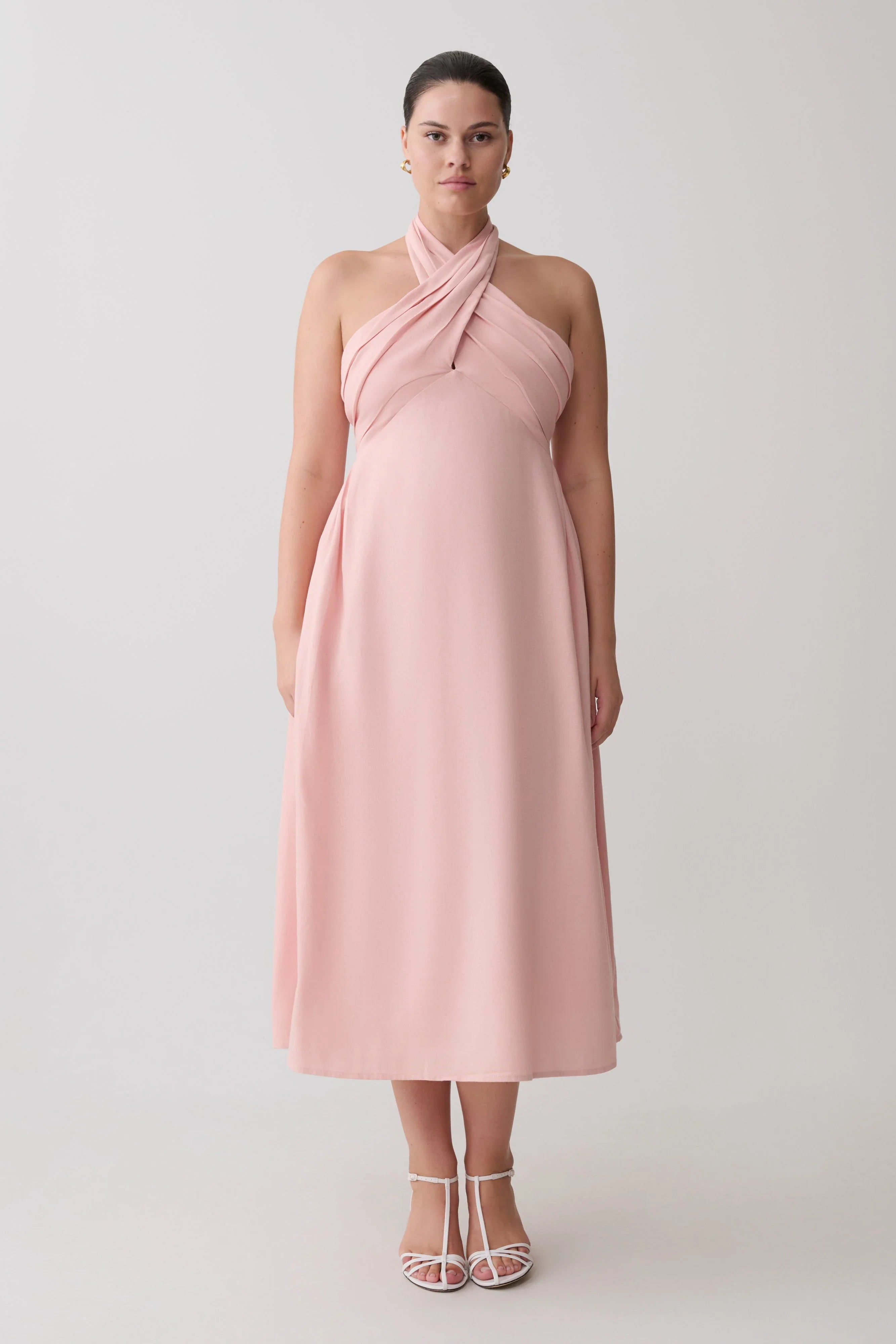 Rosie Linen Halter Midi Dress Pink